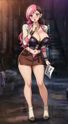 1girls ai_generated alley bad_bitch belly_piercing big_breasts blackroga brown_eyes brown_hair corset female_focus heterochromia high_heels jacket light-skinned_female lipgloss neo_(rwby) neopolitan neopolitan_(rwby) night paper pen pink_eyes pink_hair rooster_teeth rwby seductive sexy skirt two-tone_hair unzipped voluptuous