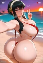 1girls ai_generated beach black_hair busty curvaceous curvaceous_body curvaceous_female curvaceous_figure curvy curvy_body curvy_female curvy_figure curvy_hips dreamcoreart female female_only hi_res highres huge_ass huge_breasts light-skinned_female long_hair naughty_face outdoors sling_bikini slingshot_swimsuit solo solo_female spy_x_family stable_diffusion sunset teasing teasing_viewer thick_thighs voluptuous voluptuous_body voluptuous_female yor_briar yor_forger