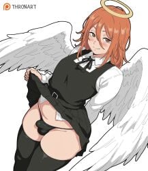 1boy 1femboy ai_generated angel_devil_(chainsaw_man) angel_wings bikini_bottom_only blush blush_lines bulge chainsaw_man femboy hair_between_eyes halo long_hair looking_at_viewer male male_focus orange_eyes orange_hair plump schoolgirl_uniform sidelocks skirt_lift smile solo solo_femboy solo_focus thick_thighs thighhighs thronart