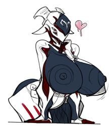 big_ass big_breasts erect_nipples garuda_(warframe) heart leaning_forward warframe