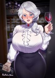 1girls aestheticc-meme alternate_version_available big_breasts black_skirt blue_eyes blush blush_lines bottle bottomwear breasts bursting_breasts clothing drink drunk drunk_bubble drunk_female female female_only hair hips holding_bottle holding_drink holding_glass holding_object huge_breasts lips lipstick mature mature_female mature_woman milf mother nails rwby shirt skirt solo solo_female steam steamy steamy_breath taut_shirt topwear white_hair white_shirt willow_schnee wine wine_bottle wine_glass