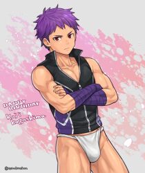 1boy artist_name bandage bandaged_arm biceps bulge bulge_through_clothing cherry_blossoms collarbone crossed_arms ebitendon flaccid fundoshi gay grey_background happy_birthday hi_res kouji_kagoshima kyushu_sentai_danjija male male_only masculine_male mature_male muscles muscular muscular_arms muscular_legs muscular_male muscular_thighs neutral_expression pecs purple_hair quadriceps red_eyes rokushaku_fundoshi short_hair solo splash standing torakitchen torakitchen_(ebitendon) tough_guy underwear vest white_fundoshi yaoi young zipper zipper_pull_tab