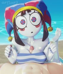 1boy 1girls 3d animated barefoot beach beach_episode_(tadc) bikini breasts color confused confused_expression confused_look dorfloor3 eye_contact feet feet_up female jester jester_girl jester_hat looking_at_partner loop looping_animation male medium_breasts no_sound open_mouth paizuri penis penis_between_breasts perfect_loop pomni_(dorfloor3) pomni_(the_amazing_digital_circus) sand tagme the_amazing_digital_circus titjob twitter_link video water white_body white_skin