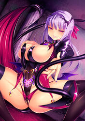 breast_grab breasts cameltoe collar corruption demon_girl groping_breasts groping_self large_breasts leotard naughty_face naughty_smile no_bra original original_character pantsu pubic_tattoo pussy_juice satou_kuuki succubus succubus_tattoo tagme tail tattoo thighhighs wings