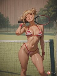 blonde_hair my_hero_academia aisinful chain-link_fence hi_res 1girl blunt_bangs toga_himiko medium_breasts side-tie_bikini butt striped_bikini thick_thighs bikini net big_butt large_breasts weapon racket tennis_racket bangs himiko_toga messy_hair wide_hips fishnets swimsuit big_boobs boku_no_hero_academia navel thighs tile_wall tiles ai_generated ass double_bun smile breasts blush female rating:safe fence solo fishnet_legwear big_ass striped