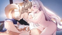 1boy 1boy2girls 2girls after_sex animated breast_fondling breast_grab breasts brown_hair cowgirl_position cum_in_pussy cum_inside cum_on_penis cum_out_pussy cunnilingus fox_ears fox_girl game_cg gif girl_on_top gray_hair inumimi kissing kissing_while_penetrated large_breasts long_hair medium_breasts naked naked_female nipples nude penis pussy short_hair sugar_conflict_x threesome uncensored
