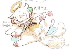anthro anthro_focus belly_eye blush bodily_fluids body_invasion closed_eyes cream_(food) cross-popping_vein devil_connection dialogue digital_drawing_(artwork) digital_media_(artwork) digitigrade feet female female_focus food food_creature fur genitals goo_creature halo hi_res hindpaw korean_text kupyadel_(makemon) long_ears lying macon_maro on_back pastry pawpads paws penetration pie semi-anthro shaking simple_background solo stomach_bulge sweat tears text tremble_lines trembling triangle_mouth vaginal_penetration vulva white_background white_body white_fur yellow_eyes