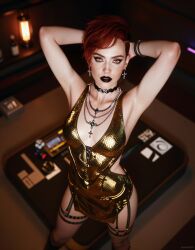 1girls ai_assisted aurore_cassel cd_projekt_red cyberpunk_2077 cyberpunk_2077:_phantom_liberty dark_lipstick female female_only ginger golden_dress indoors looking_at_viewer makeup redhead redhead_female short_hair shtorm2005 tagme