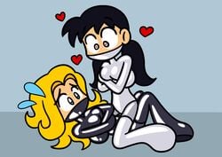 2017 2girls alenonimo black_hair blonde_hair blue_eyes bondage brown_eyes female_only heart human human_only latex missionary_position original simple_background straitjacket sweatdrop tagme twintails