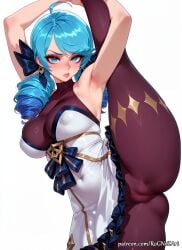 2026 ahoge ai_generated anime armpits arms_up bangs bare_shoulders black_bow blue_eyes blue_hair blush bow breasts cameltoe cleavage covered_collarbone covered_navel covered_nipples crossover dress drill_hair eye_contact female female_focus female_only flushed gwen_(league_of_legends) hairbow highres huge_breasts large_breasts league_of_legends leg_up long_hair looking_at_viewer nsfw pantyhose patreon riot_games rognezart shiny shiny_hair simple_background solo split standing standing_on_one_leg standing_split stockings twin_drills twintails very_long_hair white_background white_dress