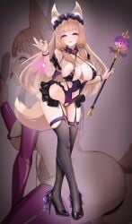 absurdres alternate_eye_color animal_ear_fluff animal_ears areola_slip ass bare_shoulders black_thighhighs blonde_hair blunt_bangs blush bow bracelet breasts brown_hair censored cleavage commentary corruption crossed_legs dark_persona empty_eyes english_commentary evil_smile fellatio female fox_ears fox_girl fox_tail frills full_body garter_straps gradient_background hairband heart high_heels highres holding holding_pendant holding_staff hypnosis jewelry large_breasts leotard licking long_hair looking_at_viewer maho_(princess_connect!) microskirt mind_control multiple_views nail_polish navel nipple_slip nipples oral penis perianist princess_connect! projected_inset pubic_tattoo purple_eyes purple_nails revealing_clothes shoes skindentation skirt slit_pupils smile staff standing straight swimsuit tail tattoo thighhighs thighs tongue tongue_out