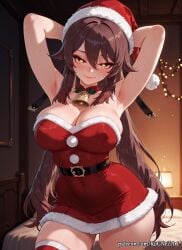 2026 ai_generated alternate_breast_size alternate_costume anime armpits arms_behind_head arms_up bangs bare_shoulders bell belt blush breasts brown_hair choker christmas cleavage closed_mouth covered_nipples crossover dress eye_contact female female_focus female_only flushed fur-trimmed_dress fur_trim genshin_impact hair_between_eyes hat highres hoyoverse hu_tao_(genshin_impact) huge_breasts indoors inside large_breasts long_hair looking_at_viewer mihoyo neck_bell neutral_expression nsfw patreon red_dress red_eyes red_headwear red_thighhighs rognezart santa_costume santa_dress santa_hat short_dress sidelocks smile smiling solo strapless symbol-shaped_pupils thick_thighs thighhighs thighs twintails very_long_hair zettai_ryouiki