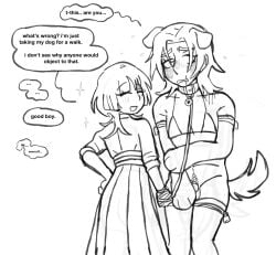 arm_warmers armwear barking blush blush_lines body_hair bottomless bottomless_gynomorph bottomless_humanoid bottomless_intersex bra canid canine canis chastity_cage chastity_device clothed clothing collar collar_tag dialogue digital_drawing_(artwork) digital_media_(artwork) domestic_dog dress duo embarrassed english_text female flat_chastity_cage floppy_ears gynomorph happy_trail human humanoid hybrid intersex leash leashed_collar legwear mammal medial_ring monochrome nude_gynomorph nude_humanoid pupn1k speech_bubble tail talking_to_another talking_to_partner text thigh_highs underwear wearing_chastity_cage wearing_chastity_device wearing_collar