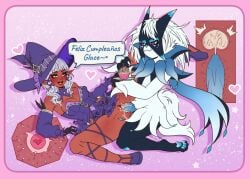 anthro birthday black_body black_skin blush bodily_fluids breasts clothed clothed_sex clothing cum cum_in_vagina cum_inside cupcake digital_media_(artwork) dress duo elf erection fan_character female female_penetrated food footwear fur generation_9_pokemon genital_fluids genitals glace_(cris79x) gloves hair handwear hat headgear headwear hi_res high_heels humanoid humanoid_pointy_ears impregnation interspecies leg_glider_position leg_grab male male/female male_meowscarada male_penetrating male_penetrating_female mapplesfactory meowscarada nintendo open_mouth ovum penetration penile penile_penetration penile_spines penis penis_in_vagina pointy_ears pokemon pokemon_(species) pokephilia raised_leg sex shoes simple_background smile spanish_text sperm_cell spread_legs spreading tail text uterus vaginal_penetration witch_hat x-ray_view