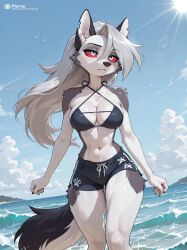 1girls ai_generated anthro anthro_only beach blush breasts canid canid_demon canine canis cute demon demon_girl dripping_wet ears female fur fur_coat furry furry_breasts furry_ears furry_female furry_only furry_tail goth goth_girl gray_body gray_fur grey_hair hellhound helluva_boss highres long_hair looking_away looking_to_the_side loona_(helluva_boss) mammal mammal_humanoid mythological_canine mythological_creature mythology notched_ear ocean outdoors outside plemp red_sclera sea swimsuit swimwear tail two-tone_body two-tone_fur two-tone_tail vivienne_medrano vivziepop water wet wet_body white_body white_eyes white_fur wolf wolf_girl