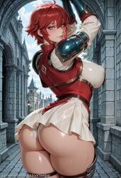 ai_generated armor arms_up ass backdoorsenpai big_ass breasts curvy egao female female_only hair_between_eyes hinoka_(fire_emblem) large_breasts leg_armor looking_at_viewer perky_breasts red_eyes red_hair red_short_dress short_hair shoulder_armor solo thick_thighs thighs white_panties white_short_dress wide_hips