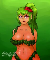 1girls dryad dryad_(terraria) female female_focus female_only green_hair huge_breasts human human_female human_focus human_only monster_girl open_mouth open_smile sexualizer simple_background smile smiling solo solo_female solo_focus tan_skin terraria