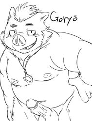 2019 absurd_res anthro balls belly erection gouryou hi_res humanoid_hands humanoid_penis male male_only mammal mohawk monochrome moobs nipples penis simple_background slightly_chubby solo suid suina sus_(pig) tiri_mama tokyo_afterschool_summoners video_games white_background wild_boar