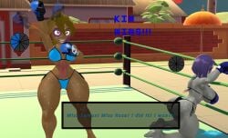 2girls 3d 3d_(artwork) after_fight ass big_ass big_breasts big_butt bikini bikini_bottom bikini_top black_eye blue_boxing_gloves blue_gloves boxing boxing_gloves boxing_ring breasts brown_hair bruised bruised_cheek bruised_stomach bruises crossover dark-skinned_female dark_skin dc_comics defeated defeated_female defeated_heroine english english_text female_focus female_only fight fighting fighting_ring geekboy21 indigo_boxing_gloves indigo_gloves kabalmystic_(style) kim_(geekboy21) large_ass large_breasts long_hair original original_character outdoors purple_hair raven_(dc) short_hair sideboob sweat teen_titans text thick thick_ass thick_thighs thighs victory waving waving_at_viewer wide_hips