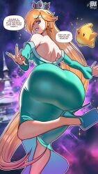 1girls ass ass_focus ass_in_dress backboob big_ass blonde_hair blue_dress blue_eyes blue_lips blue_lipstick blue_nail_polish blue_nails bubble_ass bubble_butt clothing crown dat_ass dress ear_piercing earrings female female_focus female_only footwear hair headwear heart heels high_heels huge_ass jerkdibuja large_ass legs lips lipstick long_hair long_nails looking_back luma mario_(series) nail_polish nails nintendo platform_heels princess_rosalina smile solo_focus spanish_text sparkles speech_bubble spoken_heart star star_earrings text thighs translation_request very_long_hair