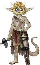 blonde_hair blue_eyes boy bruises dirty dressed eg_the_goblin eyelashes fairytale femboy goblin hammer one_leg pointy_ears pointy_nose prosthesis prosthetic prosthetic_leg rags ripped_clothing sealixir severed_leg standing tail the_goblin_they_blamed tools valy_gc