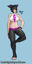 1girls barefoot black_hair blank_background english_text female female_only fully_clothed hemlockgrimsby juri_han pink_toenails solo standing street_fighter