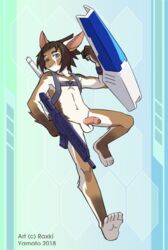 action_pose anthro brown_fur brown_hair feet fur grey_eyes hair holding_object holding_weapon humanoid_penis looking_at_viewer male male_only navel nude penis portrait pose raxkiyamato smile solo unknown_species v-cut weapon