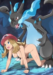 all_fours ambiguous_penetration bent_over blue_eyes blush breasts charizard cum cum_inside dark_skin doggy_style dragon female_on_feral fire from_behind glasses hat human interspecies larger_male long_hair mega_charizard_x mega_ring nintendo nipples nude nude_female open_mouth penetration pokemon pokemon_(species) pokemon_rgby pokemon_xy pokephilia pokepornlive serena_(pokemon) sex size_difference smaller_female zoophilia