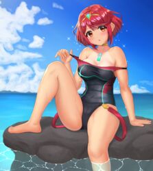 1girls bare_shoulders beach blush breasts brown_eyes cleavage competition_swimsuit female highres large_breasts looking_at_viewer nintendo one-piece_swimsuit parted_lips pyra red_hair short_hair sitting solo sssemiii swimsuit tan tanline tiara water wet xenoblade_(series) xenoblade_chronicles_2