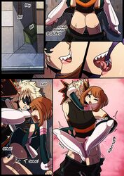 1boy 1girls alley aroused ass balls big_breasts bite biting_lip bitting blonde_hair bodysuit boots breasts_out brown_hair closed_eyes clothed_sex clothing comic doujinshi duo excited female hair hug katsuki_bakugou kinkymation kissing kissing_while_penetrated large_breasts light-skinned_female lip_biting looking_pleasured male my_hero_academia ochako_uraraka open_mouth pants pants_down penis sex spread_legs standing standing_sex straight superheroine suspended_congress teenage_girl teenager thrusting torn_bodysuit torn_clothes vaginal_penetration wholesome