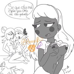 3girls breasts fnafhs homerbls joy_(fnafhs) lesbian masturbation meg_(fnafhs) monochrome scissoring spanish_text spying tagme toddy_(fnafhs) tribadism vagina voyeurism yuri