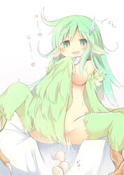 breasts egg egg_laying feathered_wings female female green_eyes green_hair harpy long_hair monster_girl naya no_nipples nude open_mouth original partially_visible_vulva solo spread_legs wings