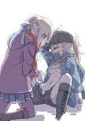 2girls ahoge artoria_pendragon baseball_cap blue_ribbon blue_skirt blush boots braid breasts closed_eyes dual_persona fate/grand_order fate_(series) french_braid glasses hat highres hood kneeling medium_breasts multiple_girls mysterious_heroine_x mysterious_heroine_x_(alter) navel nejikyuu open_clothes open_shorts pantyhose plaid plaid_scarf pussy_juice pussy_juice_string ribbon scarf shorts shrug_(clothing) skirt trembling underboob white_background yuri