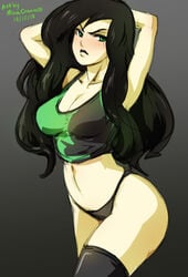 1girls artist_name clothing curvy dated disney disney_channel female female_only green_eyes hair kim_possible long_hair minacream panties shego shirt solo