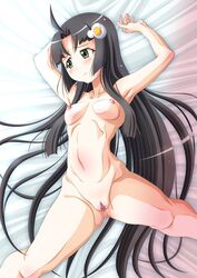 10s ahoge araragi_tsukihi black_hair blush breasts female fried_egg green_eyes hair_ornament long_hair looking_away lying monogatari_(series) navel nipples nude on_back pussy shiny shiny_hair small_breasts solo_focus spread_legs uncensored zummy