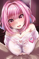 1boy ahoge bare_shoulders blue_hair blush breasts collar collarbone commentary_request eyebrows_visible_through_hair female heavy_breathing highres idolmaster idolmaster_cinderella_girls large_breasts looking_at_viewer multicolored_hair oerba_yun_fang open_mouth paizuri paizuri_under_clothes pink_eyes pink_hair shinjitsu_(true_ride) shirt short_hair smile solo_focus straight t-shirt two-tone_hair upper_body yumemi_riamu