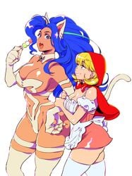 2019 2d 2girls :) :o adult_female aged_up animal_ears apron arm_grab arm_hug baby_bonnie_hood big_breasts blonde_hair blue_eyes blue_hair breast_size_difference breasts bulleta capcom cat_ears cat_girl cat_tail claws cleavage closed_mouth clothing couple darkstalkers detached_collar dress duo earrings eating eyebrows_visible_through_hair fangs felicia felicia_(darkstalkers) female female_only food green_eyes holding holding_food hood hoodie hug human human_female interspecies jewelry large_breasts lips long_hair looking_at_another looking_at_viewer looking_up medium_breasts monster_girl neck no_sex non-human open_mouth paws pink_dress realistic_breast_size realistic_proportions red_hood revealing_clothes saida_nika sfw short_dress short_hair side-by-side simple_background smile standing stockings tail thick_thighs thighhighs thighs wagashi walking wavy_hair white_apron white_background white_neckwear yuri