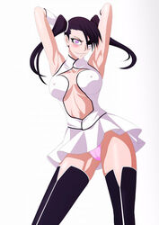 areolae armpits arrancar black_hair blank_background bleach bracelet bracelets breasts clothed female_arrancar hands_behind_head large_breasts legs light_skin lime_(purple_haze) loly_aivirrne looking_at_viewer medium_breasts miniskirt naughty_face nipples pink_eyes pink_underwear posing presenting purple_haze revealing_clothes shounen_jump sideboob skirt smile stockings thighs twintails white_background white_bracelet