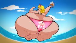 ass ass_cleavage beach belly bikini blonde_hair butt_crack cake clouds crown fat_princess female female_focus female_only green_eyes hips hyper hyper_ass large_ass overweight overweight_female playstation plz princess_plump running solitaryscribbles stomach thick_thighs thighs wide_hips