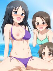 1boy 3girls areolae bikini bikini_aside bikini_pull black_hair blue_eyes blush breasts brown_eyes brown_hair censored cleavage clothed_sex clothing_aside cowgirl_position cum cum_in_pussy girls_und_panzer green_bikini groin long_hair medium_breasts multiple_girls navel nipples ocean one_breast_out open_mouth outdoors purple_bikini pussy sakaguchi_karina sawa_azusa sex short_hair side-tie_bikini sky smile spread_legs straddling sweat swimsuit swimwear vaginal_penetration watching yamagou_ayumi yamiochi_umekichi