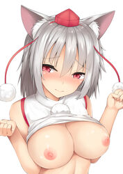 1girls animal_ear_fluff animal_ears bangs bare_arms bare_shoulders blush breasts cleavage female female_only hair_between_eyes hands_up hat large_breasts looking_at_viewer momiji_inubashiri nipples no_bra nose_blush pom_pom_(clothes) pom_poms red_eyes red_headwear shirt shirt_lift short_hair silver_hair simple_background sleeveless sleeveless_shirt solo tatsumiya_kagari tokin_hat touhou upper_body white_background white_shirt wolf_ears wolf_girl