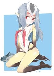 1girls blue_background blue_submarine_no._6 breasts female fish grey_hair highres humanoid kneeling long_hair marine monster_girl mutio nude pointy_ears red_eyes solo tomatojam wet white_background yellow_skin