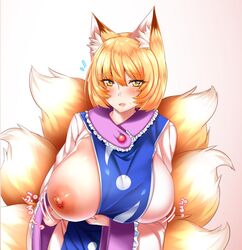 animal_ear_fluff animal_ears areolae blonde_hair blush breasts breasts_out check_commentary commentary_request covered_nipples dress eyebrows_visible_through_hair female fox_ears fox_tail heart horny large_breasts long_sleeves motion_lines multiple_tails nipples no_hat no_headwear parted_lips ran_yakumo short_hair solo tail text touhou white_dress wide_sleeves wildcat_(kusonemi) yellow_eyes