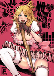 bad_girl_(nmh) baseball_bat between_breasts blonde_hair breasts charlotte_birkin crotch_rub dress frills gloves green_eyes itou_eito lace-trimmed_panties lace-trimmed_thighhighs licking lolita_fashion long_hair nipple_slip nipples no_more_heroes object_between_breasts panties ribbon suda_51 thighhighs underwear white_panties