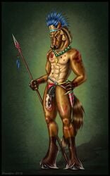 2018 abs animal_genitalia animal_penis anthro balls biceps brown_fur brown_tail brushfire chief clothing dagger equine equine_penis feathers fur headdress holding_object holding_weapon horse horsecock jewelry loincloth looking_at_viewer male male_only mammal melee_weapon muscular muscular_male necklace nude paint pecs penis pinup polearm pose signature simple_background solo spear tribal warrior weapon