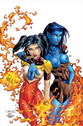 2002 2girls asian asian_female black_hair blue_eyes blue_skin breasts exiles female female_only mariko_yashida marvel marvel_comics multiple_girls nipples nocturne_(x-men) randy_green rick_ketcham straight_hair sunfire talia_wagner transparency_digital x-men yellow_eyes yuri