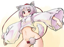 :< animal_ear bottomless censored convenient_censoring fur hat hips mirino momiji_inubashiri mound_of_venus navel outstretched_arms pink_hair red_eyes solo spread_arms sweatdrop tail tokin_hat touhou wide_sleeves wolf_ear