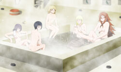 accurate_art_style areola areolae bath bathing black_eyes black_hair blonde_hair blush breasts brown_hair flat_chest green_eyes highres kurotsuchi large_breasts mei_terumi mitarashi_anko multiple_girls naruto naruto_shippuden nipples nude purple_hair samui short_hair small_breasts smile steam stiky_finkaz temari towel water wet wink