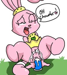 1girls anal animal_genitalia bunny cartoon_network chowder chowder_(series) cub dildo female furry hair_ornament hair_ribbon hairband outdoors panini perverted_bunny pink_body pink_fur rabbit sex_toy speech_bubble tagme young