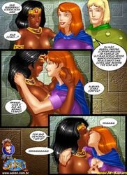 2girls biting_lip black_hair blonde_hair breasts comic dark-skinned_female dark_skin diana_the_acrobat dungeons_and_dragons dungeons_and_dragons_(cartoon) forgotten_realms hank_the_ranger interracial kissing lesbian_kiss multiple_girls portuguese_text seiren sheila_the_thief spanish_text topless yuri